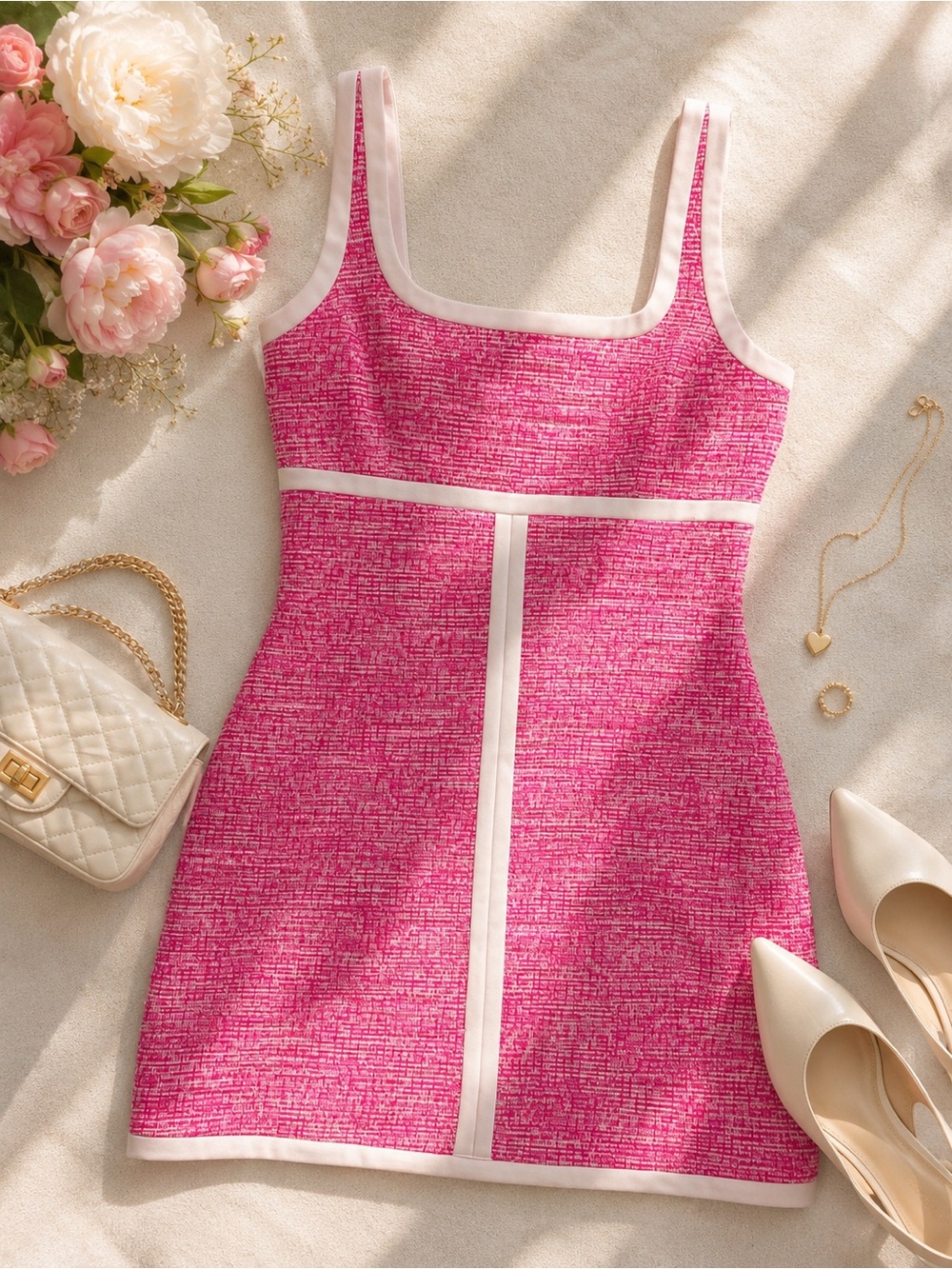 La Nouvelle Renaissance Pink Tweed Mini Dress Size 10 Sleeveless Sheath Preppy - Picture 1 of 8